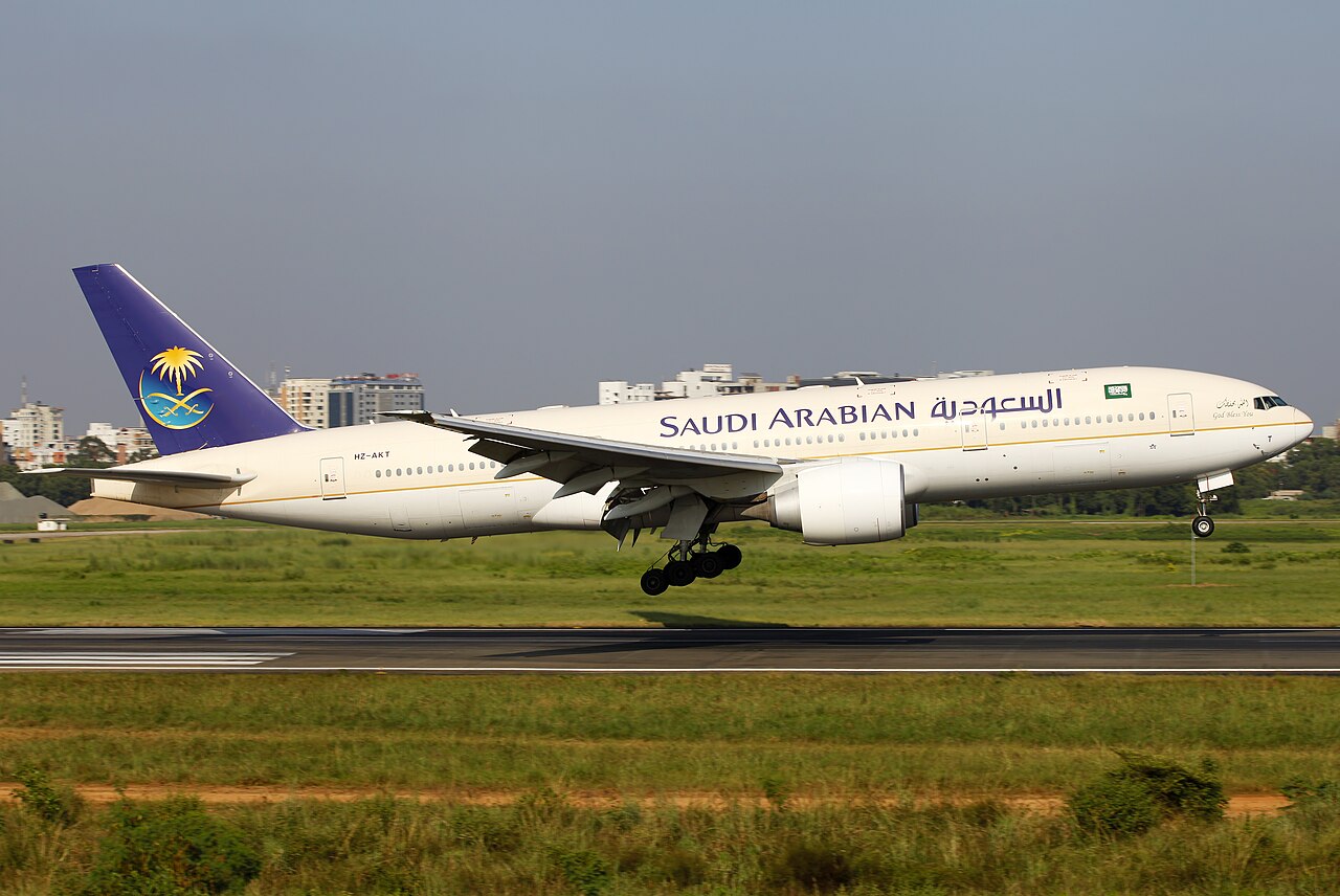 File photo (29 October 2012): a Saudi Arabian Airlines Boeing 777 lands at Hazrat Shahjalal International Airport in Dhaka. It does not depict the October 2026 flight disruptions.