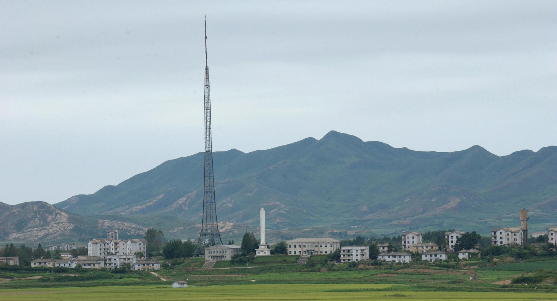 Kijong-dong, the North Korean village in the Demilitarized Zone known as "Propaganda Village", seen from the southern side of the DMZ in a US Air Force photograph taken in September 2002. North Korea has used loudspeakers in the area for broadcasts across the border.
