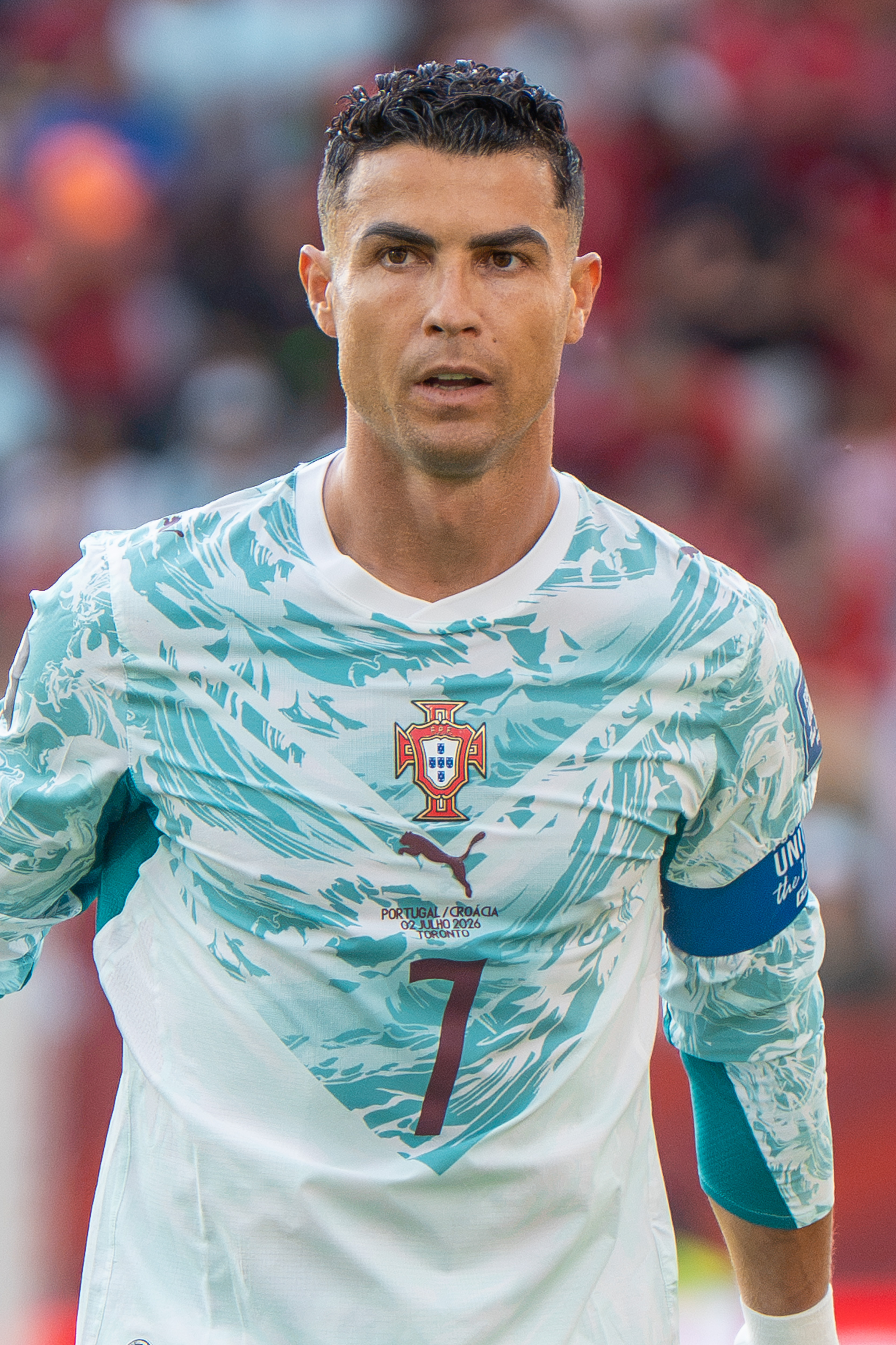 Cristiano Ronaldo in Portugal's white and teal kit at the 2026 World Cup in Toronto on 2 July 2026.