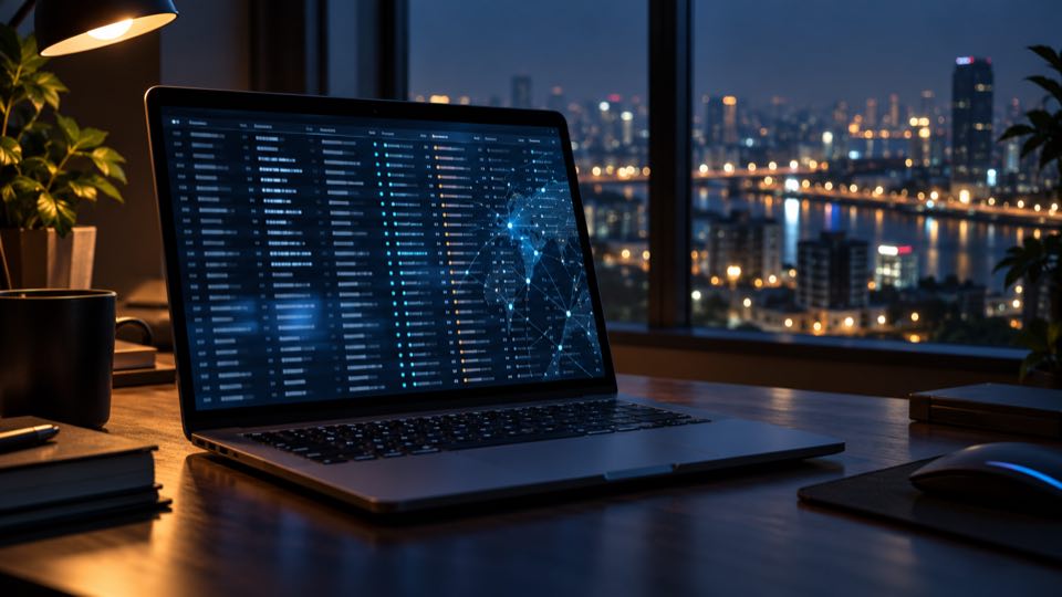 Illustration of a laptop displaying abstract data rows beside a city skyline at night.