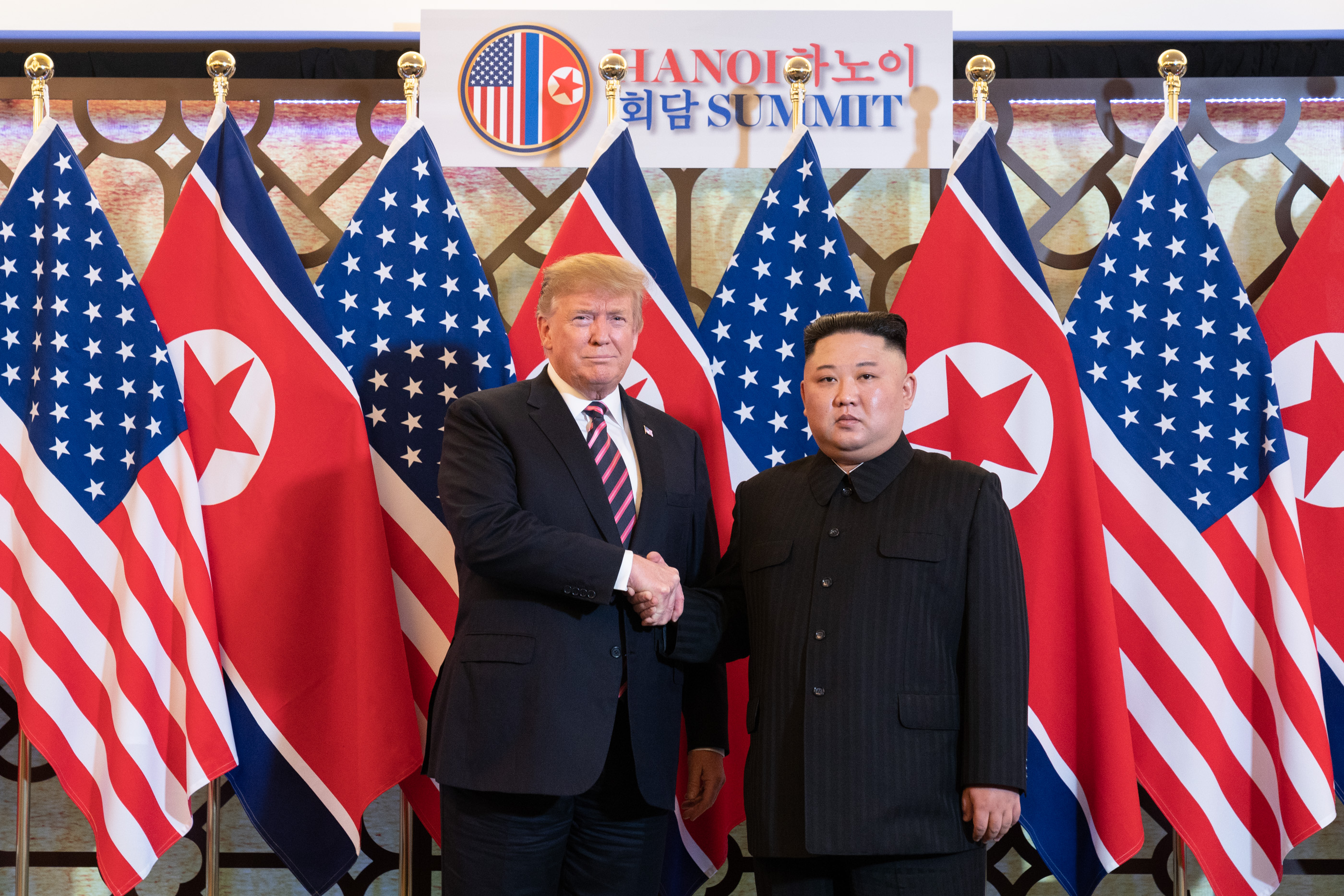 North Korea's leader Kim Jong Un greeting then US president Donald Trump in Hanoi on 27 February 2019 (file photo). North Korea said on 17 October 2026 that it had tested a new AI-guided torpedo system.