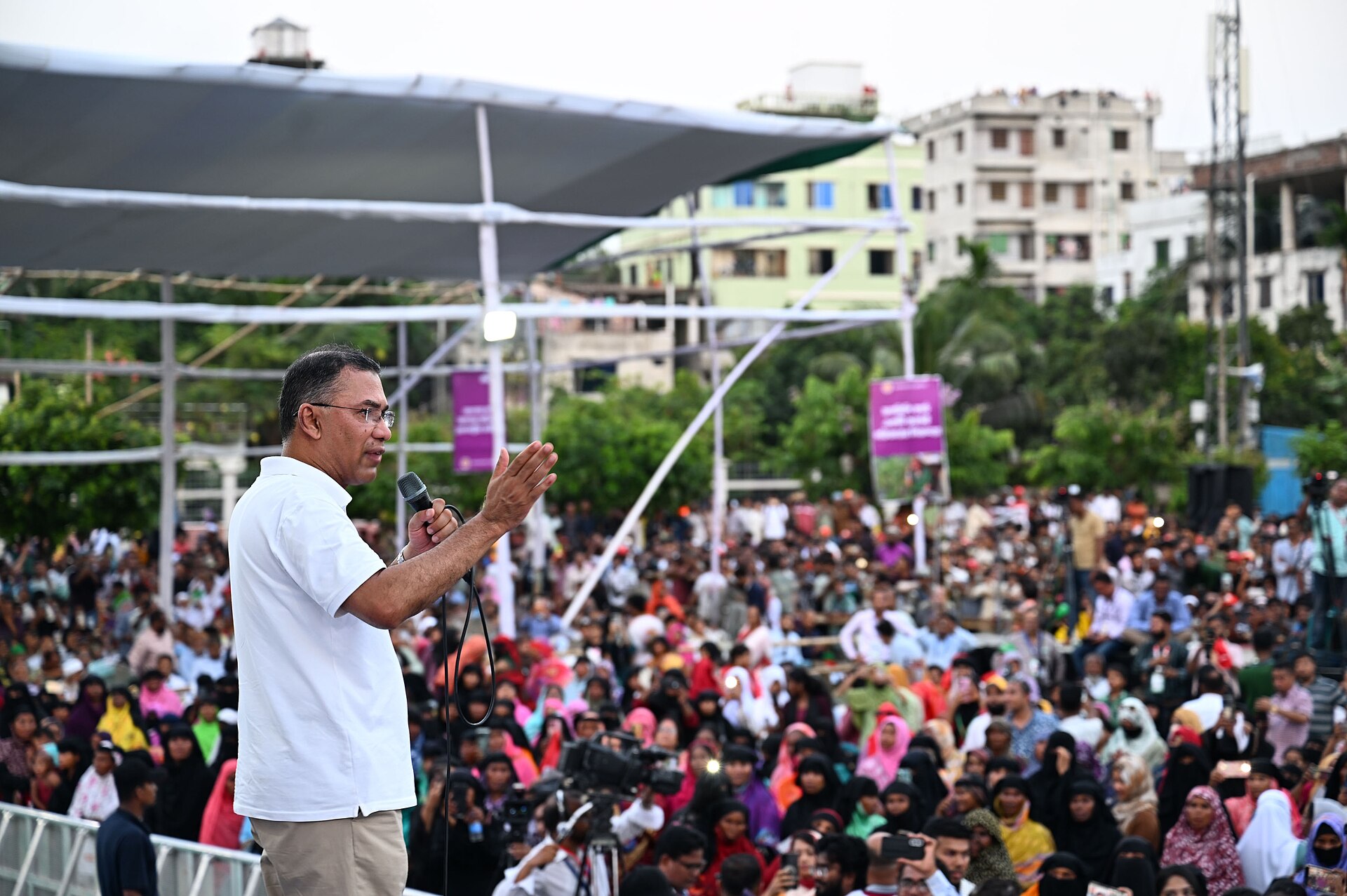 Prime Minister Tarique Rahman speaks at a family card distribution ceremony at Chandpur Government College ground on 16 May 2026. File photograph.